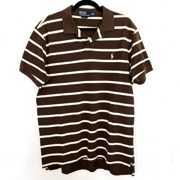 Polo Ralph Lauren Polo Shirt Brown White Striped Casual XL - Picture 1 of 4